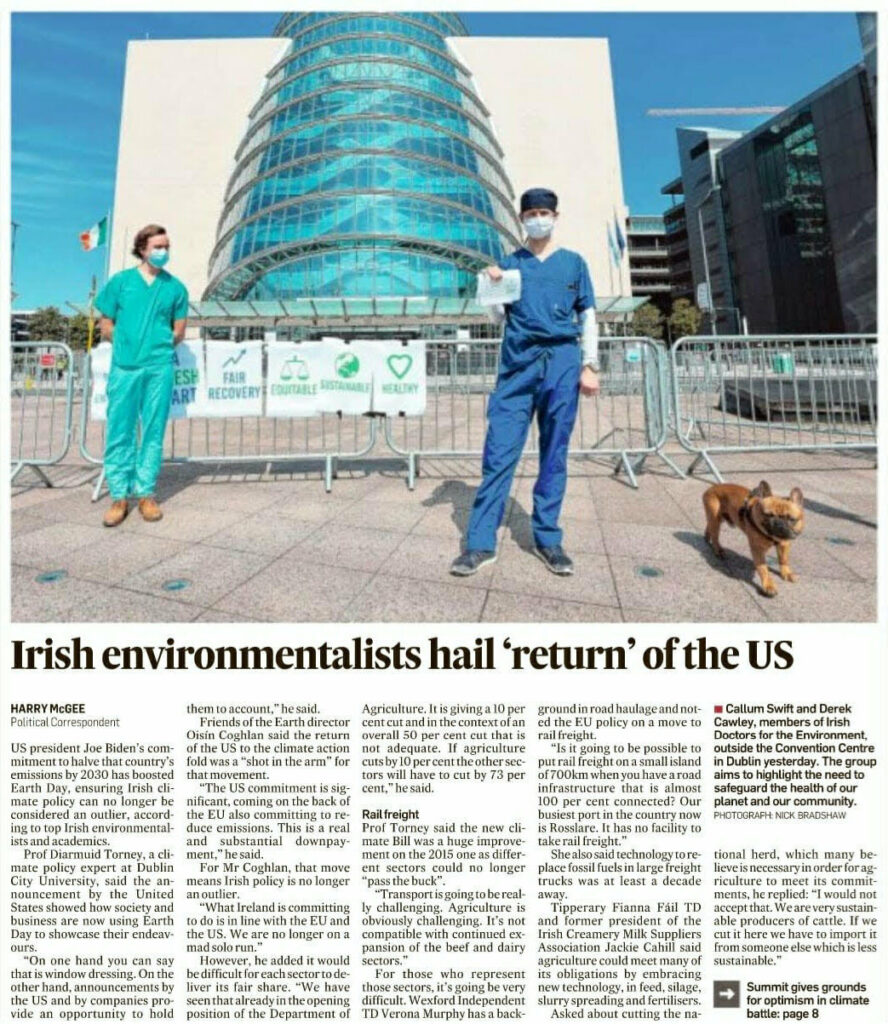 Screenshot of newspaper article "Irish environmentalists hail 'return' of the US". Includes photo described by caption below.